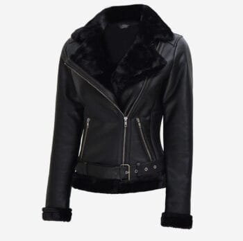 Agnes Asymmetrical Black Leather Shearling Jacket Women's
