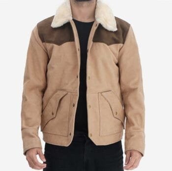 Beige and Brown Shearling Collar Leather Jacket