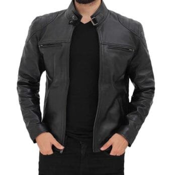 Black Men's Leather Café Racer Jacket with Snap Button Collar