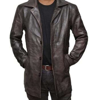 Distressed Brown 3/4 Length Leather Coat Men's