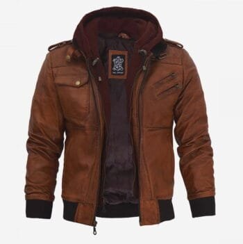 Edinburgh Men's Brown Leather Bomber Jacket With Removable Hood
