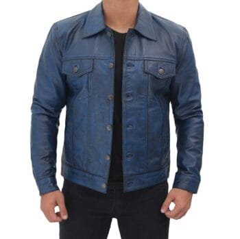 Fernando Men's Distressed Blue Trucker Leather Jacket