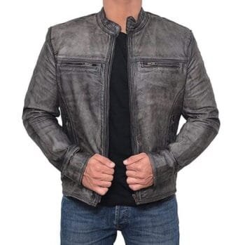 Garcia Men's Leather Distressed Grey Moto Jacket