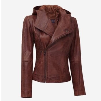 Georgetta Women's Asymmetrical Brown Leather Jacket with Hood