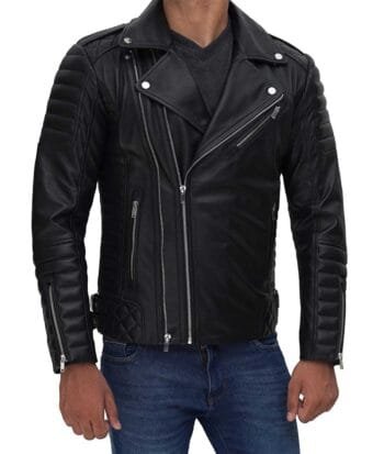 Men's Black Asymmetrical Quilted Leather Biker Jacket