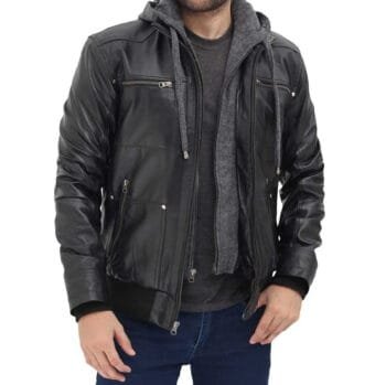 Men's Black Leather Bomber Jacket with Hood