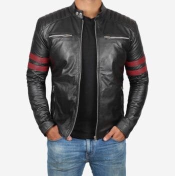 Men's Black Quilted Red Stripe Café Racer Leather Motorcycle Jacket