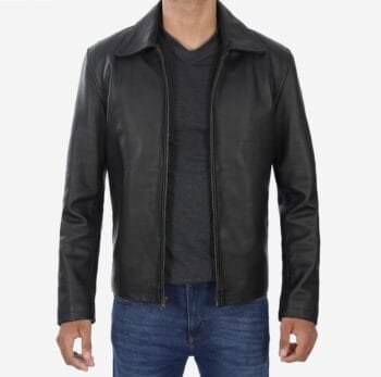 Men's Black Shirt Collar Leather Cowhide Jacket
