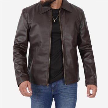 Men's Dark Brown Shirt Collar Cowhide Leather Jacket