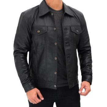 Men's Four Pocket Black Leather Trucker Jacket