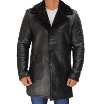 Russo Men's Wide Collar Black Leather Winter Shearling Coat