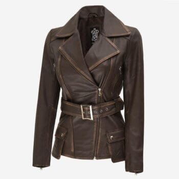 Women's Four Pocket Asymmetrical Distressed Brown Leather Biker Jacket